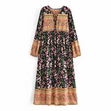 MQTIME  -  Boho Dress Long-sleeved Floral Printing Maxi Vestidos Loose Fit Holiday Style Beach Dress Rayon Hippie Ethnic Dresses