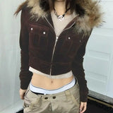 MQTIME  -  Cropped Trendy Velvet Pocket Cargo Jacket, High-waisted Skinny Hottie Fur Hooded Sweatshirt