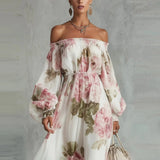 MQTIME  -  Temperament print spring fashion new dress elegant high street style one shoulder lantern sleeve cinched waist dress