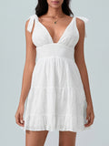 MQTIME  -  Women Summer White Dress Bow Lacing Strap V-Neck Hollow Eyelet Ruffle Hem A-Line Short Cami Dresses