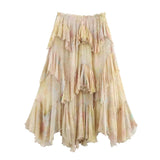 MQTIME  -  Women Ruffled Skirts Elastic High Waist Pleated A-line Long Skirts Chic Printed Summer Fashion Streetwear Female Irregular Skirt