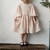  MQTIME  -  Summer Retro Linen Loose Flared Sleeve Dress Girls New Solid Color Cotton And Linen Casual Back Bow Tie Princess Dresses