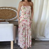 MQTIME  -  Bohemian Off Shoulder High Waist Long Dress Elegant Strapless Split Holiday Dress Fashion Floral Print Folds Women's Party Dress