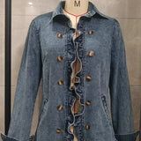 MQTIME  -  Women's Ruffled Denim Jacket Chic Button Slim Fit Short Coat for Spring Autumn Versatile Long Sleeve Solid Color Top