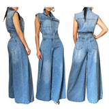 MQTIME  -  Washed Denim Jumpsuits Women Fashion Lapel Button High Waist Sleeveless Jumpsuit Streetwear Spring Summer New Female Clothing