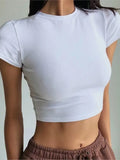 MQTIME   - Cotton Crop Tops T shirt Women  Female Summer Cropped Bodycon T-Shirts Fashion O-neck White y2t Tshirt Sexy Short Tees