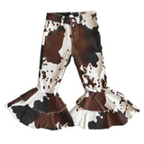  MQTIME  -  Baby Girls Denim Western Brown Cow Print Bell Bottom Kids Children Toddler Flared Pants Double Lace Pocket Jeans