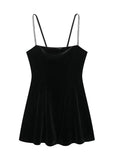 MQTIME  -  Velvet Halter Dress Black Sexy Slim Fit Elegant Straight Collar Waist Cinched Short Dresses Camisole Evening Gown Women's Wear