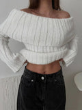 Mqtime Women Solid Slash Neck Knitted Sweater Autumn Long Flare Sleeve Cropped Jumper Top Fashion Lady Elegant Sexy Knitwear