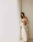  MQTIME  -  Maternity Photoshoot Dress Shed Gypsy Set Women's Boho Western Two-Pieces Cream Layered Ruffle Maxi Skirt For Pregnancy Session
