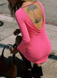 MQTIME  -  Spring & Summer New Women's Rose Red Backless Slim Long Sleeve Wrap Dress Female Sexy Spicy Girl Backless Mini Dresses