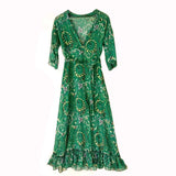 Mqtime Fashion Chiffon Print Half Sleeve Green Dress Women Spring Floral Ruffles Bohemian Long Dresses Female Casual V-Neck Maxi Dress