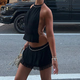 MQTIME  -  Backless Cropped Halter Vest Hip Package Short Skirts Beach Y2K Sexy 2 Pieces Outfits Vacation Beading Mini Skirt Sets For Women