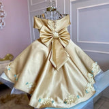 MQTIME  -  Gold Flower Girl Dresses Tulle Satin Flory Pattern With Bow Off Shoulder Sleeveless For Wedding Birthday Holy Communion Gowns