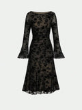  MQTIME  -  New Crew Neck Black Floral Lace Elegant Midi Dress Sexy Mesh Long Flare Sleeve Wedding Guest Dresses Women's Luxury Party Dress