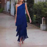 MQTIME  -  Summer Party Dress Women Fashion Tassel Shoulder Asymmetric Dress Evening Dress Sleeveless Slim Fits Long Dresses vestidos