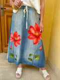 MQTIME  -  Women's Floral Printed Denim Skirt Adjustable Drawstring Waist Loose Fit Casual Skirts 2025 Fashion Streetwear Bottoms