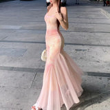 MQTIME  -  Women Strap Watercolor Floral Mermaid Long Dress Lace Trim V Neck Summer New Bodycon Tulle Hem Elegant Vacation Party Maxi Dress