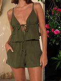 MQTIME  -  Stylish 2-Piece Set Sleeveless Crop Top and High Waist Shorts with Tie Front Detail Perfect for Summer Clubwear