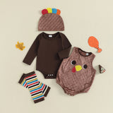 MQTIME  -  Thanksgiving Baby Outfit Set with Solid Long Sleeve Romper Turkey Sleeveless Bodysuit Striped Leg Warmers and Hat - 4 Piece