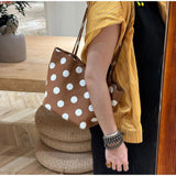  MQTIME  -  Kawaii Light Blue Polka Dot Canvas Tote Bag Women Small Thin Strap Shoulder Bag Casual Daily Shopping Mini Handbag