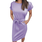 MQTIME  -  Summer Women Versatile Dress With Belt Casual Short Sleeve Round Neck Fashionable Dress Outfits Holiday Midi Sundress Vestidos