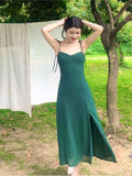 Mqtime Womem Vintage Sweet Midi Camisole Dress Side Split Casual Long Dress New French Retro V-Neck Green Chiffon Strap Dress