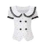  MQTIME  -  Summer Lace Patchwork Peter Pan Collar Short Sleeve Single Breasted Polka Dot Print Women Shirt