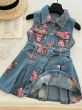 MQTIME  -  Girls Summer Denim Dress – Floral Print Collar & Belted A-Line Skirt, Korean Style Kids Fashion Princess Dress for Girls