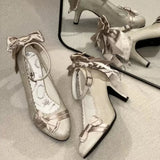 MQTIME  -  New Strap Sweet Bow Thin Heel Lolita High Heels Pumps Women Elegant Silk Shallow Mouth Round Head Single Shoes for Cosplay