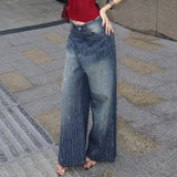  MQTIME  -  Y2K Rhinestone Wide Leg Jeans Women Gradient Washed Baggy Denim Pant Low Waist Sparkly Glitter Flare Trouser Streetwear