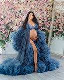 MQTIME  -  Navy Blue Ruffle Tulle Maternity Robes Photography Dresses See Thru Puffy Tulle Women Maternity Dress Photoshoot Babyshower Gown