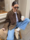 MQTIME  -  Women Elegant Suede Brown Bomber Jackets Fashion Ladies Casual Loose Outfits for Vintage Female Chic Clothes Cute