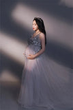  MQTIME  -  Silver Maternity Photography Dresses Sexy Sequin Beaded Dress Pregnant Women V Neck Sling Dress Baby Shower Maxi Dress