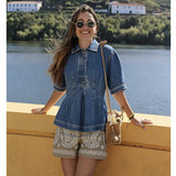  MQTIME  -  Denim Top Woman Sexy Short Sleeves Waist-Cinching Button Tops For Women Solid Color Ruched Slim Tank Tops