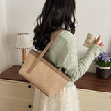 MQTIME  -  Women's Khaki Straw Weave Leather Patchwork Tote Bag Vacation Casual Aesthetic Beach Daily Shoulder Handbag Summer Trend