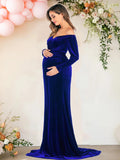  MQTIME  -  Velvet Maternity Off Shoulder Trailing Fitted Gown Maxi Photography Dress for Baby Shower Photo Props Dress