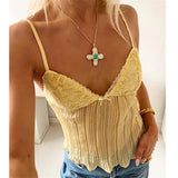 MQTIME  -  Sexy Flowy Crinkle Texture Camisole Top Lace Trim Y2K  Adjustable Spaghetti Strap Bow Front Babydoll Tank Top Ladies Crop Vest