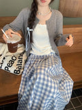 MQTIME  -  White Blue Plaid Skirt Cotton Midi Long Skirts Pleated A-line Women Summer#e-girl fairycore 2000s vintage aesthetic korean cloth