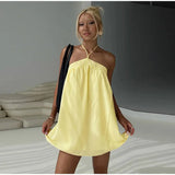 MQTIME  -  Loose Striped Halter Short Dress Women Chic Lace Up Sleeveless Backless A-line Beach Dresses  2025 Summer Lady Holiday Robes