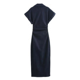 MQTIME  -  Spring Summer New Series Denim Dress Lapel Side Zipper Fashion Wrinkle Waist Slim Elegant Female Vestidos