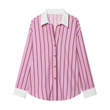 MQTIME  -  Vintage Pink Striped Women Casual Single Breasted Shirts Loose Turn-down Collar Shirt Fashion Spring Female Shirts