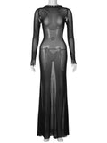  MQTIME  -  Women See Through Mesh Long Dress Long Sleeve Tie-Up Backless Bodycon Dress Evening Party Sexy Dress Beach Cover-ups