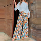 MQTIME  -  Sexy Long Sleeve Tie-Up Top & Long Pant 2Pc Suit Women Casual Pockets Slant Shoulder Loose Set Elegant Print Wide Legger Outfits