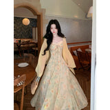 MQTIME  -  Summer Floral Printed Long Dress Women Patchwork Lace Chiffon Fairy Dress Casual Gold Stamping Bow Tie Suspender Dress
