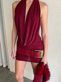 MQTIME  -  Women Halter Neck Ruched Mini Dress Sleeveless Deep V-neck Cowl Neck Waist Belt Bodycon Dresses Lady Evening Party Gowns