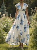 2025 Summer New Simple Palace Style Printed Women Waist Dress Fashion V-neck Lace Female Long Dresses