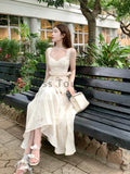 MQTIME  -  Summer White French Vintage Dress Women Lace Ruffles Kawaii Sweet Mini Dress Female Ruched Bandage Korean Fashion Strap Dress