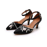 MQTIME  -  Pointed Thin Middle Heel 2024One Line Buckle Toe Sandals Embroidered Flower Shoes Retro Single Shoes