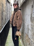 MQTIME  -  Brown Faux Shearling Trimmed Horn Button Short Jacket Women Patchwork Full Sleeve Oversize Coat Winter Cozy Stylish Outerwear